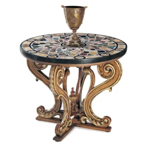 Round Table With Peacock Marbling And Carved Base